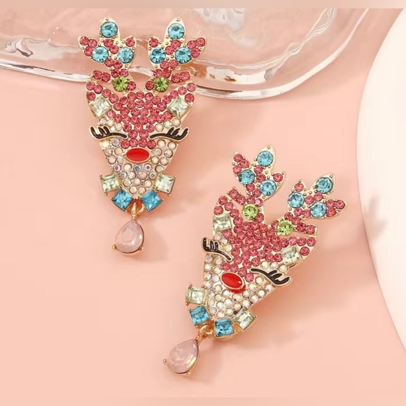 💖 Pink Rhinestone Jewelled Reindeer Dangle Earrings - Picture 2 of 3